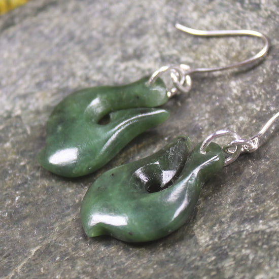 Matau or Fish Hook Earrings carved from Hapopo Pounamu - NZ Greenstone