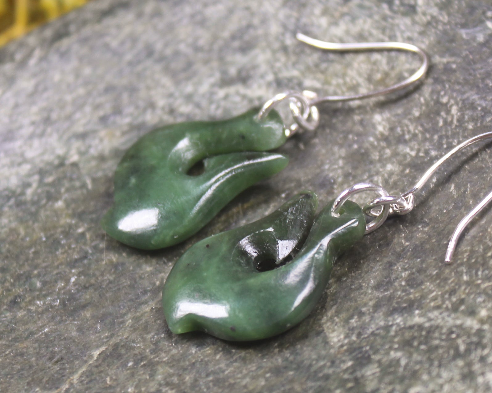 Matau or Fish Hook Earrings carved from Hapopo Pounamu - NZ Greenstone
