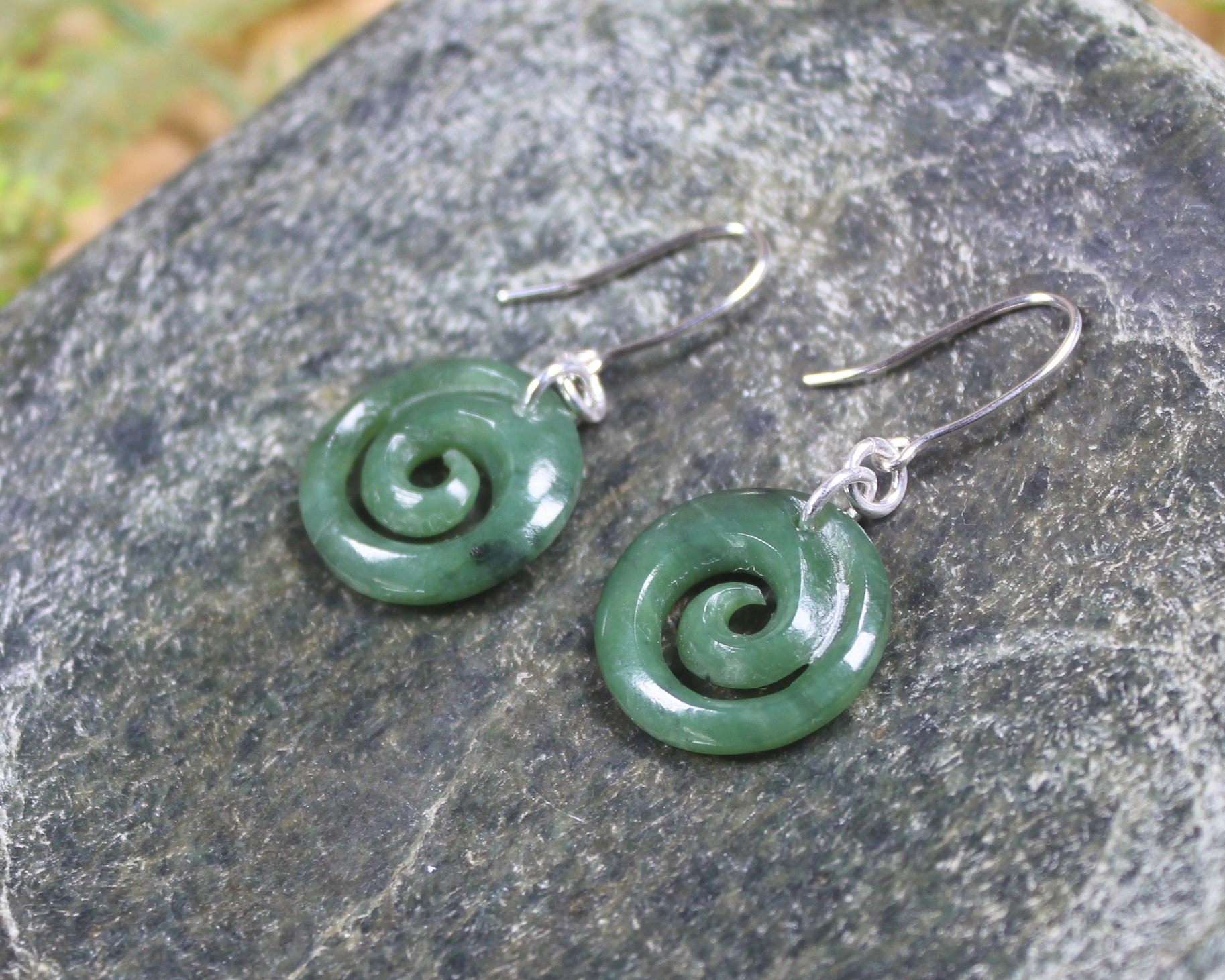 Koru Earrings carved from Hapopo Pounamu - NZ Greenstone