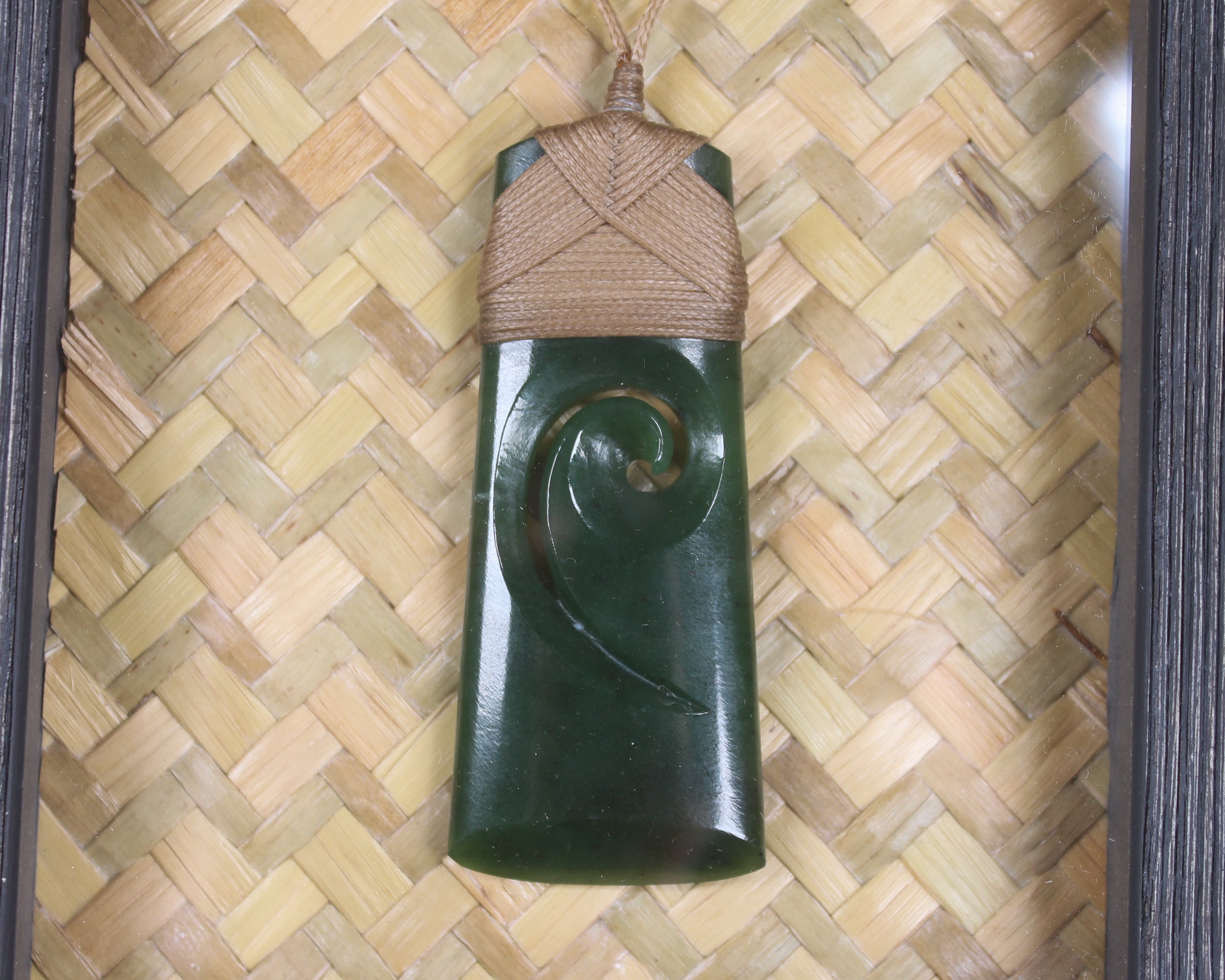 Framed Kawakawa Pounamu Toki with Koru - NZ Greenstone