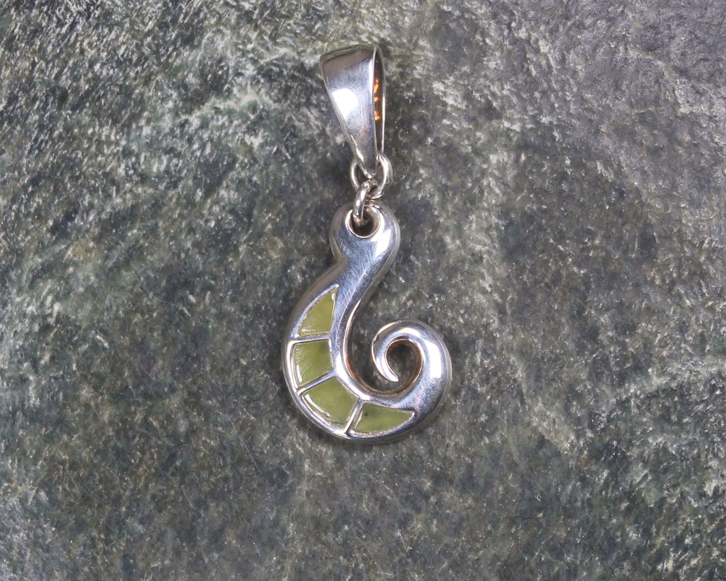 Sterling Silver Hei Matau or Fishhook pendant with Kawakawa Pounamu - NZ Greenstone