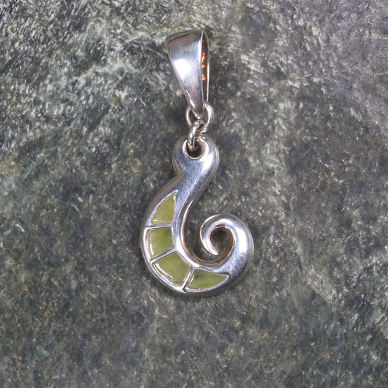 Sterling Silver Hei Matau or Fishhook pendant with Hapopo Pounamu - NZ Greenstone