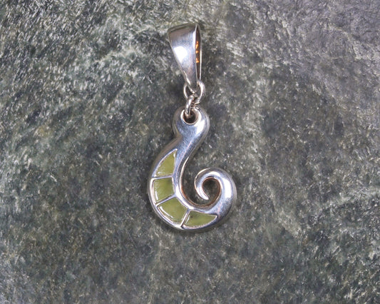 Sterling Silver Hei Matau or Fishhook pendant with Hapopo Pounamu - NZ Greenstone