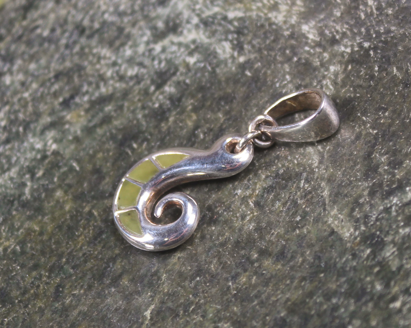 Sterling Silver Hei Matau or Fishhook pendant with Kawakawa Pounamu - NZ Greenstone