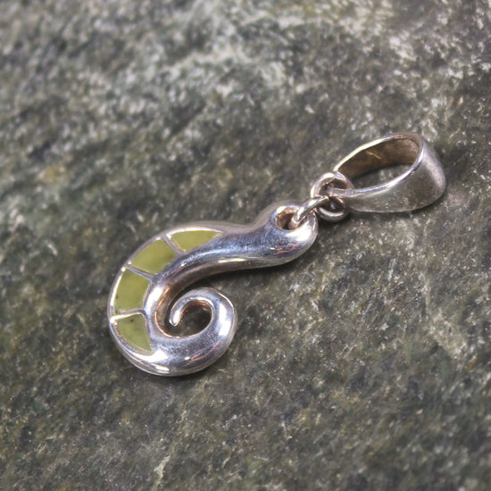 Sterling Silver Hei Matau or Fishhook pendant with Hapopo Pounamu - NZ Greenstone