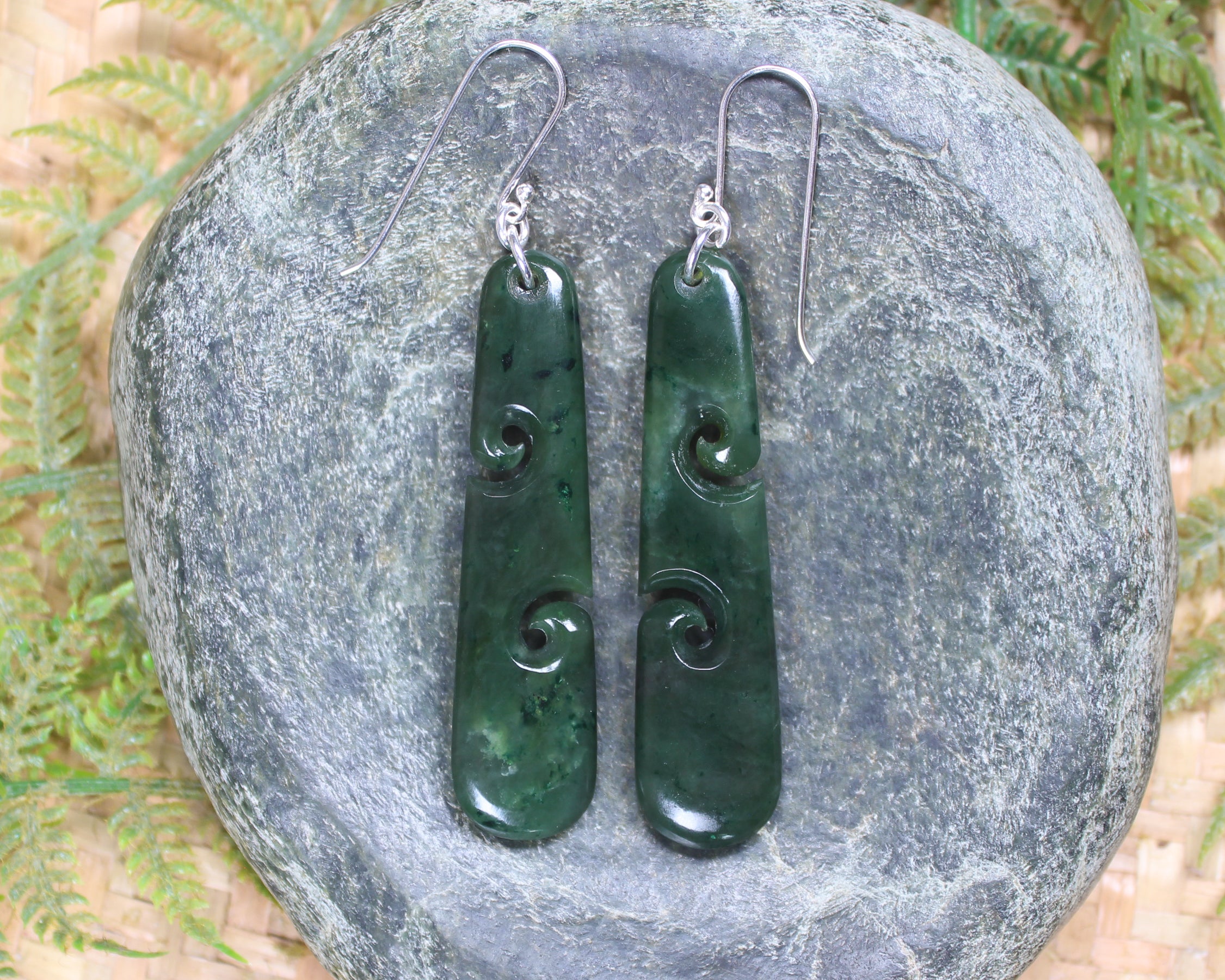 Roimata with Koru earrings carved from Kawakawa Pounamu - NZ Greenstone