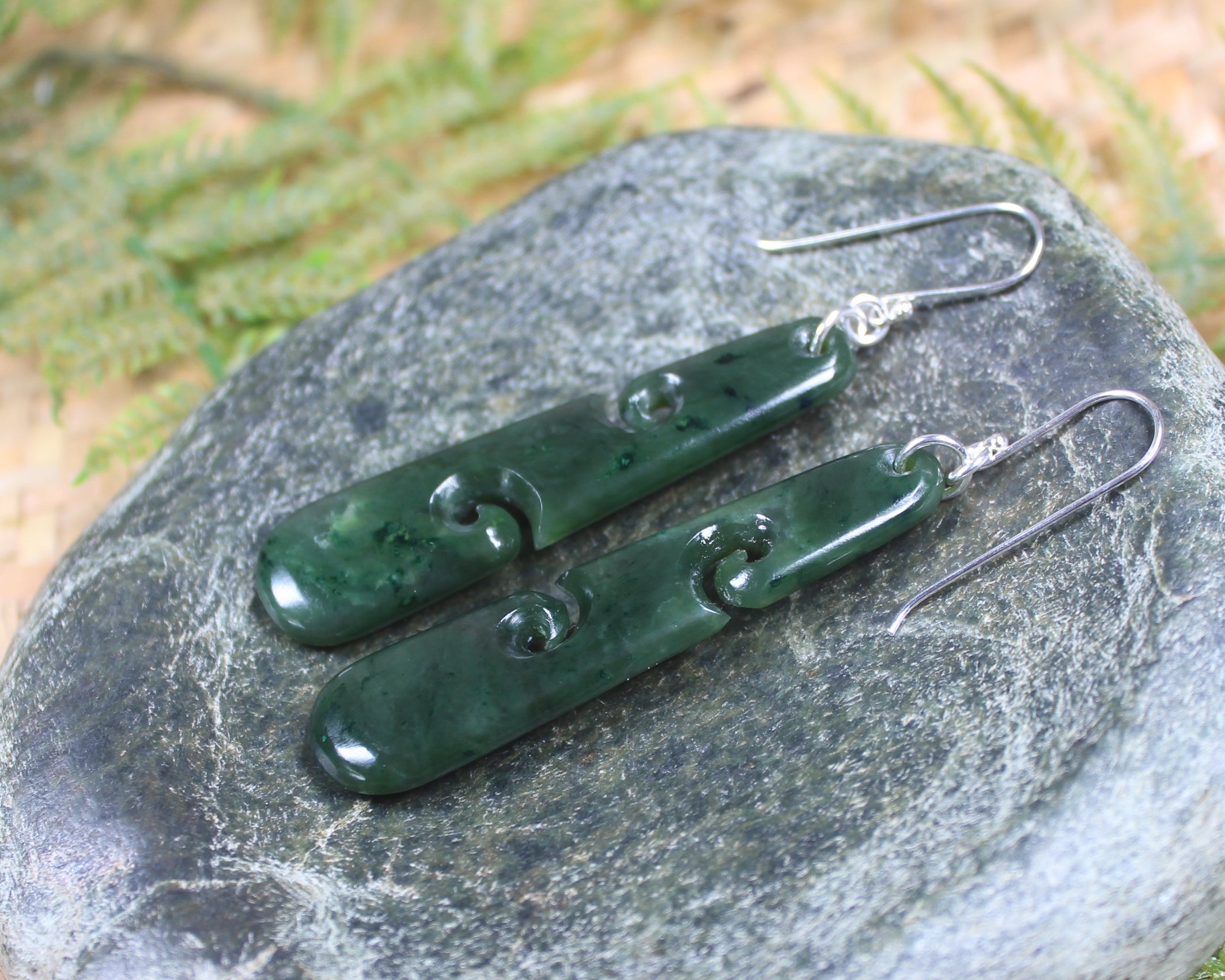 Roimata with Koru earrings carved from Kawakawa Pounamu - NZ Greenstone