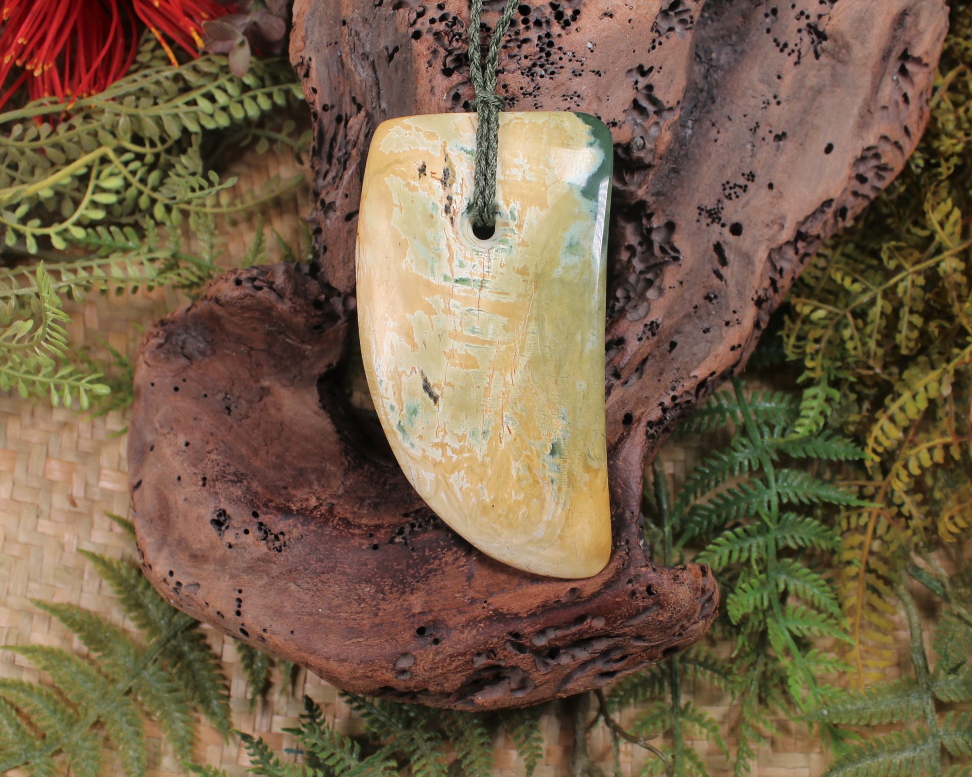 Taniwha Tooth or Niho carved from Flower Jade Pounamu - NZ Greenstone