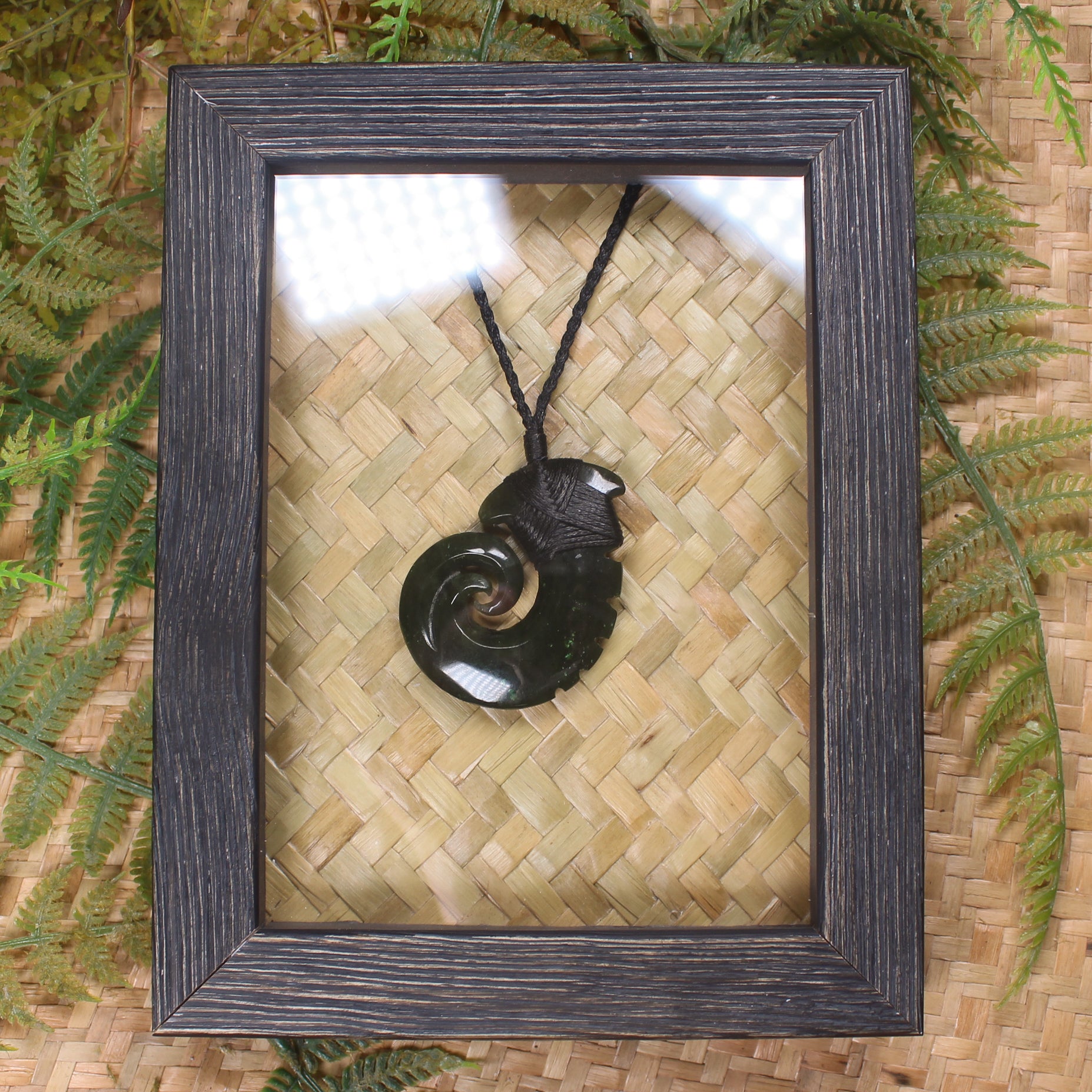 Framed Rimu Pounamu Matau - NZ Greenstone