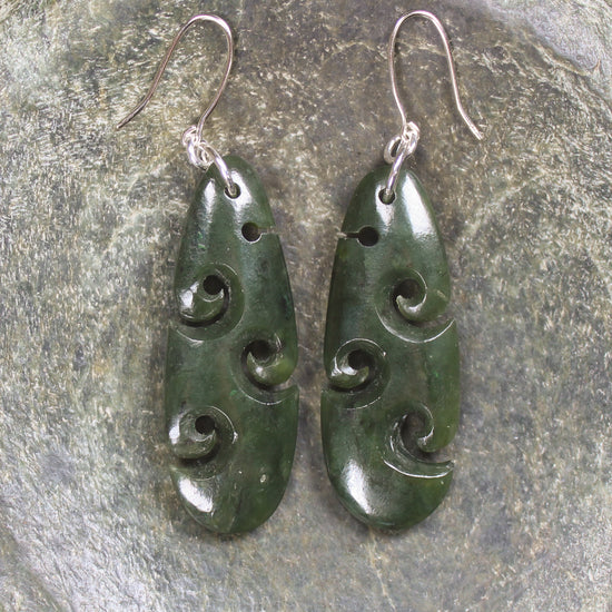 Roimata with Koru earrings carved from Rimu Pounamu - NZ Greenstone