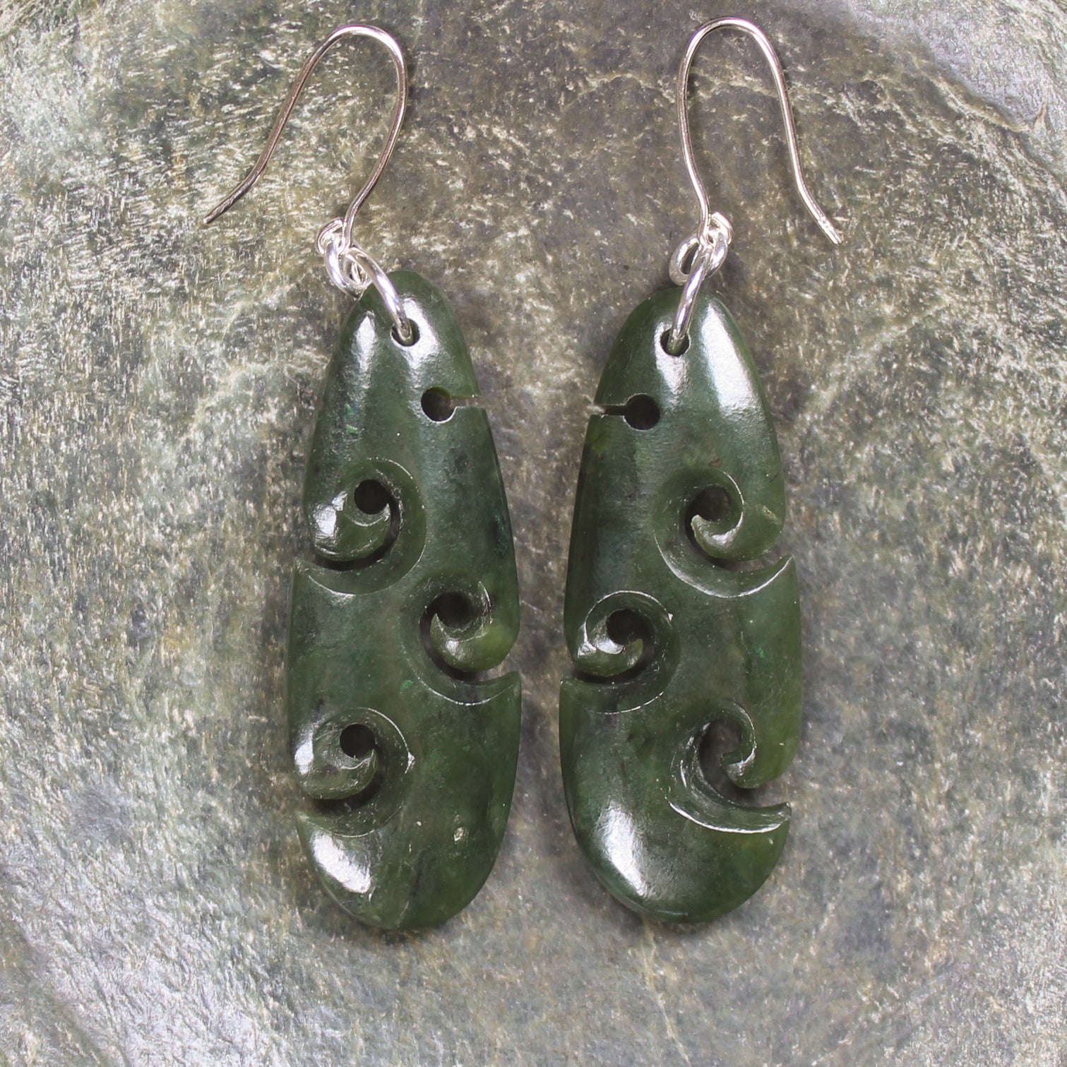 Roimata with Koru earrings carved from Rimu Pounamu - NZ Greenstone