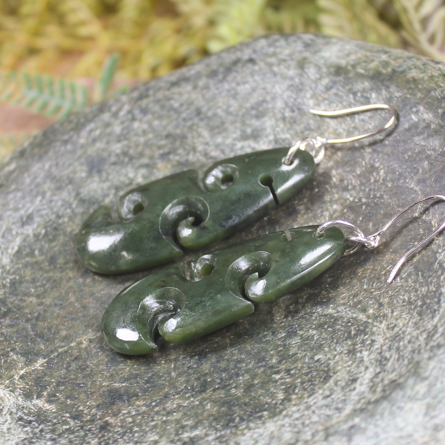 Roimata with Koru earrings carved from Rimu Pounamu - NZ Greenstone