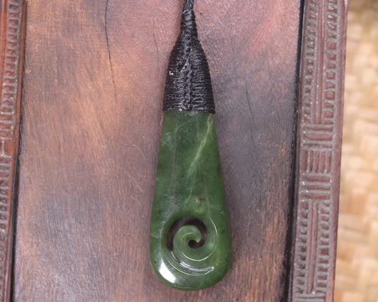 Roimata or Teardop with Koru carved from Kawakawa Pounamu - NZ Greenstone