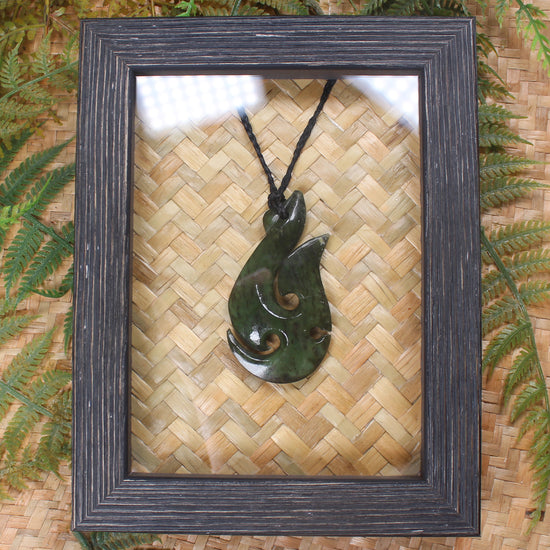 Framed Rimu Pounamu Matau - NZ Greenstone