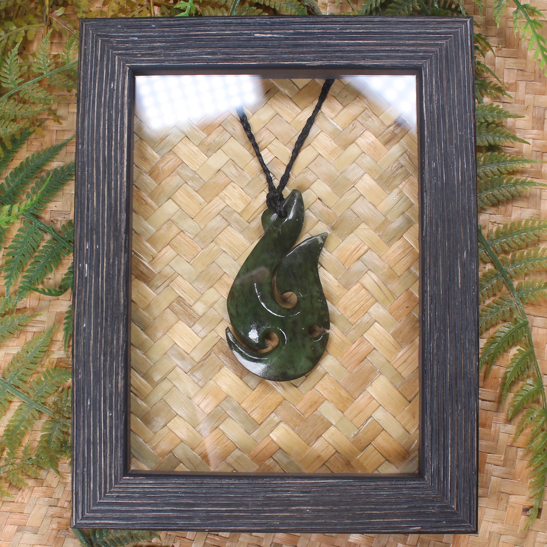 Framed Rimu Pounamu Matau - NZ Greenstone