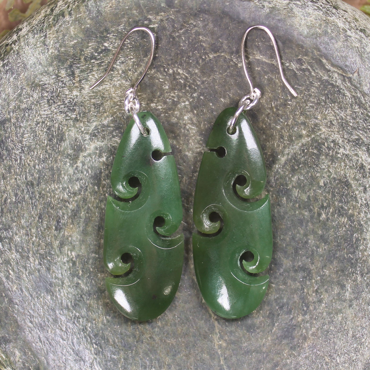 Roimata with Koru earrings carved from Kawakawa Pounamu - NZ Greenstone