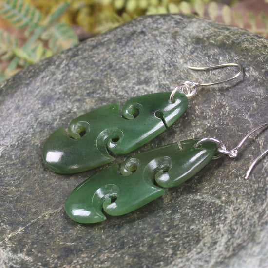 Roimata with Koru earrings carved from Kawakawa Pounamu - NZ Greenstone