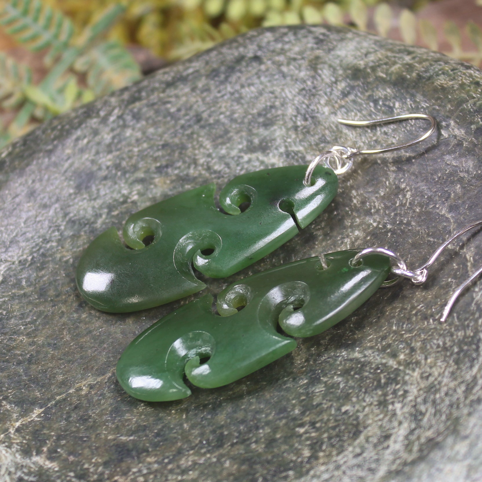 Roimata with Koru earrings carved from Kawakawa Pounamu - NZ Greenstone