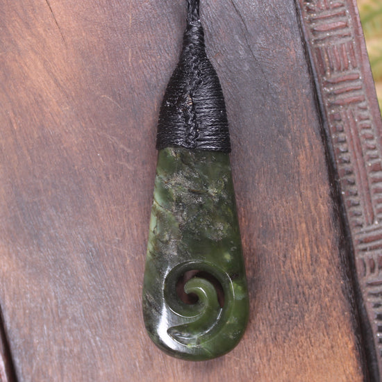 Roimata or Teardop with Koru carved from Rimu Pounamu - NZ Greenstone