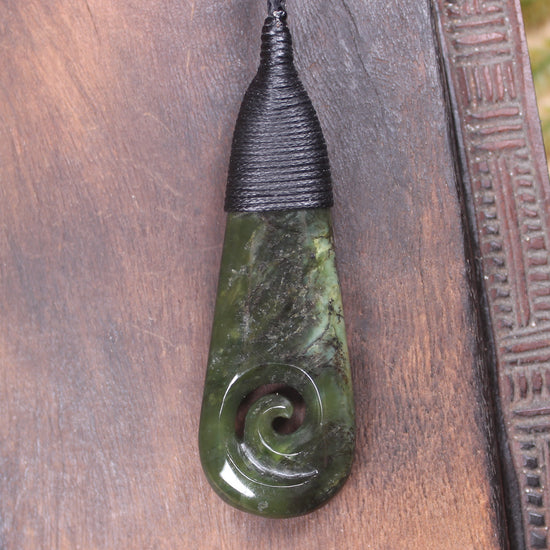 Roimata or Teardop with Koru carved from Rimu Pounamu - NZ Greenstone