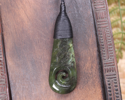 Roimata or Teardop with Koru carved from Rimu Pounamu - NZ Greenstone