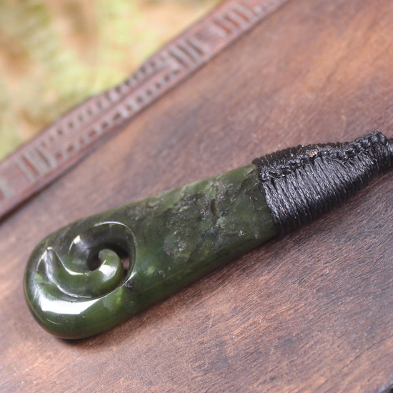 Roimata or Teardop with Koru carved from Rimu Pounamu - NZ Greenstone