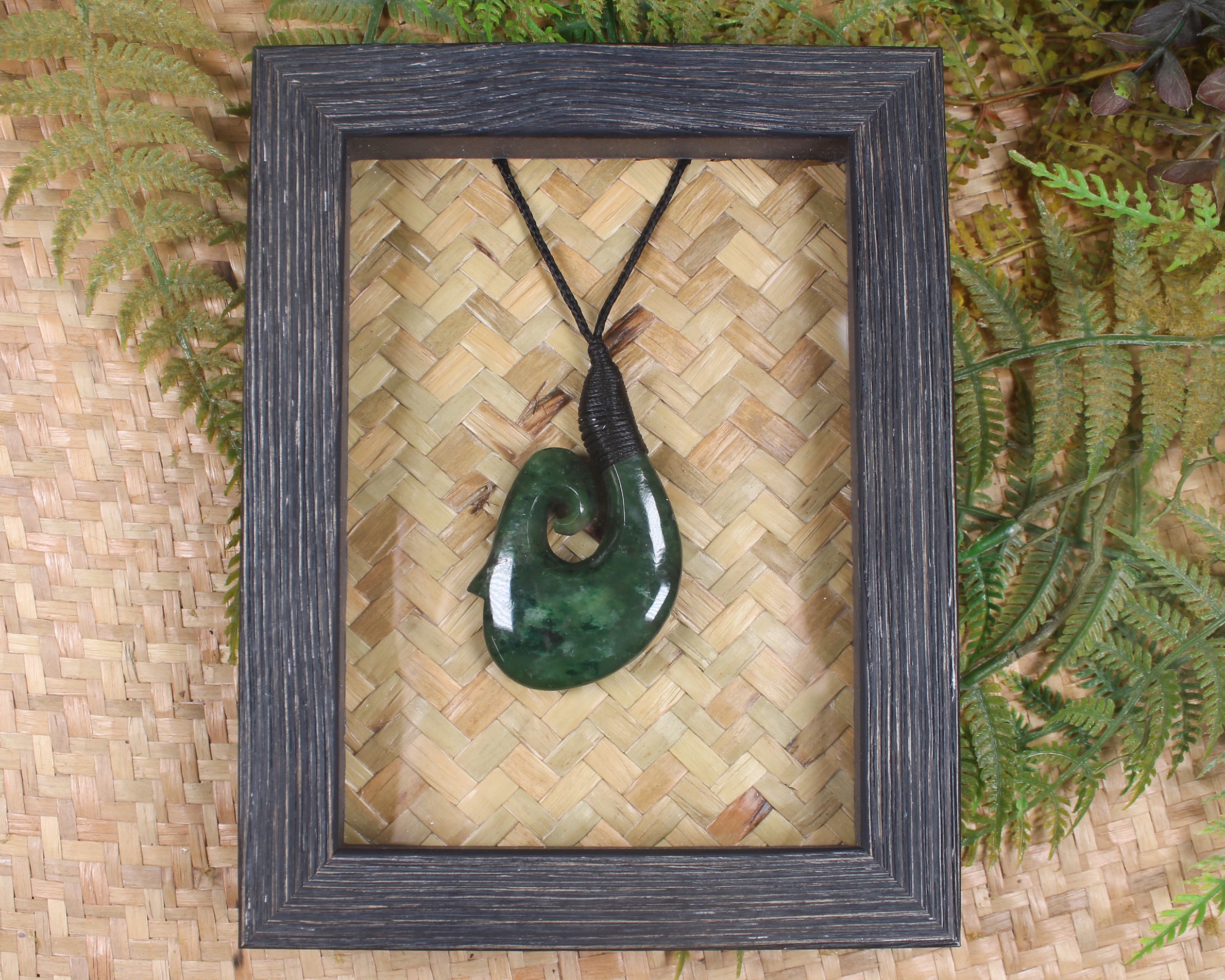 Framed Kawakawa Pounamu Matau - NZ Greenstone