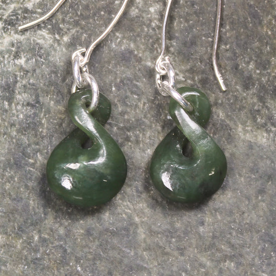 Twist Earrings carved from Kawakawa Pounamu - NZ Greenstone