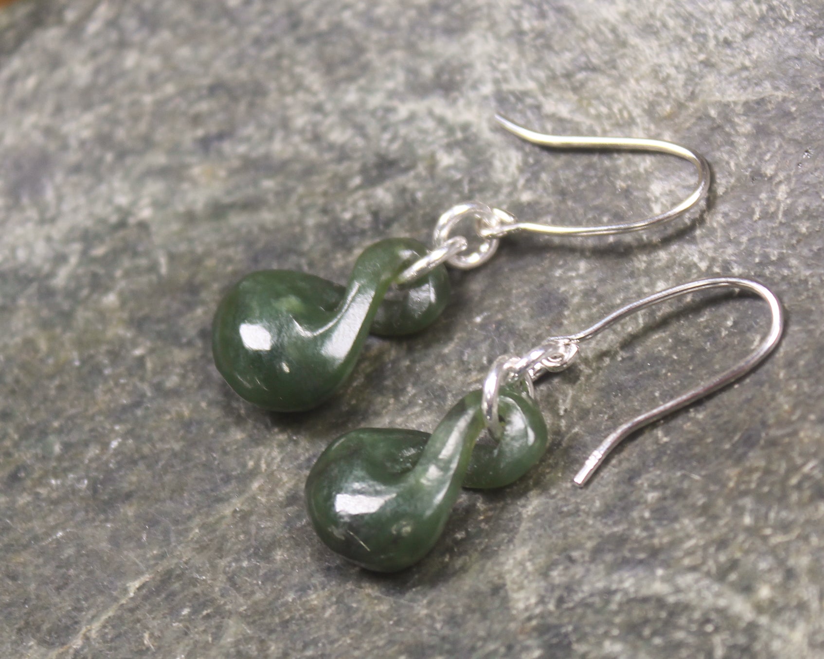 Twist Earrings carved from Kawakawa Pounamu - NZ Greenstone