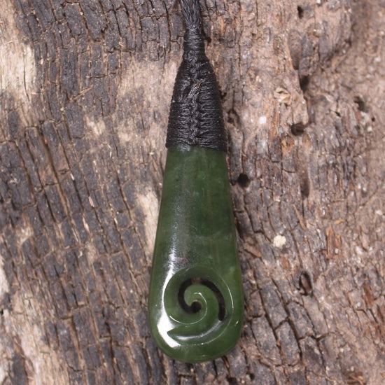 Roimata or Teardop with Koru carved from Kawakawa Pounamu - NZ Greenstone