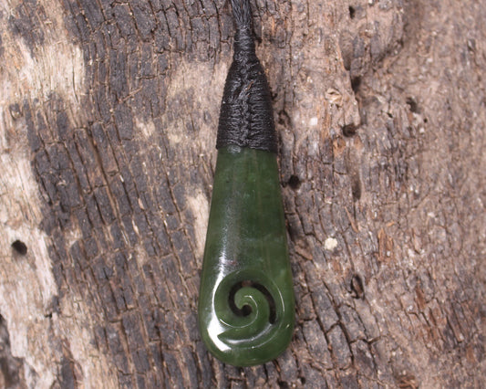 Roimata or Teardop with Koru carved from Kawakawa Pounamu - NZ Greenstone
