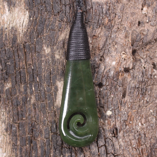 Roimata or Teardop with Koru carved from Kawakawa Pounamu - NZ Greenstone