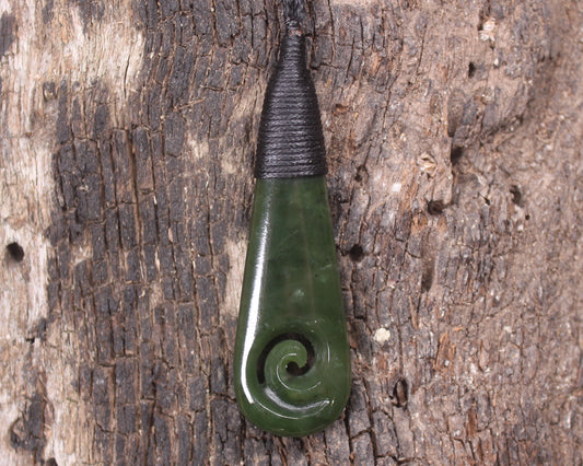 Roimata or Teardop with Koru carved from Kawakawa Pounamu - NZ Greenstone