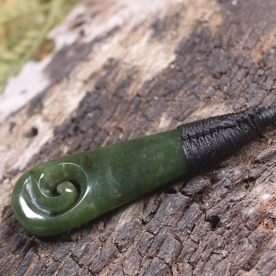 Roimata or Teardop with Koru carved from Kawakawa Pounamu - NZ Greenstone