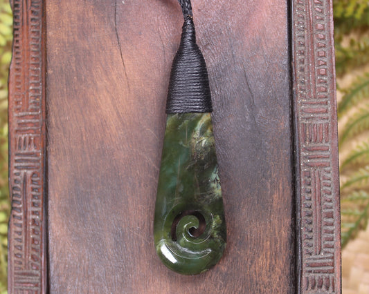 Roimata or Teardop with Koru carved from Rimu Pounamu - NZ Greenstone