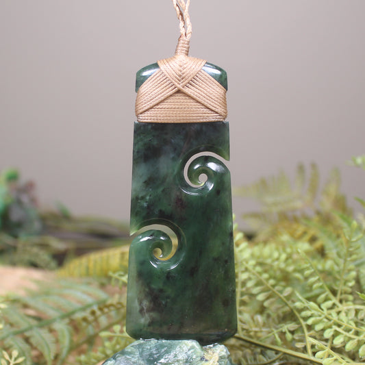 Toki with Koru sculpture carved from Rimu Pounamu - NZ Greenstone