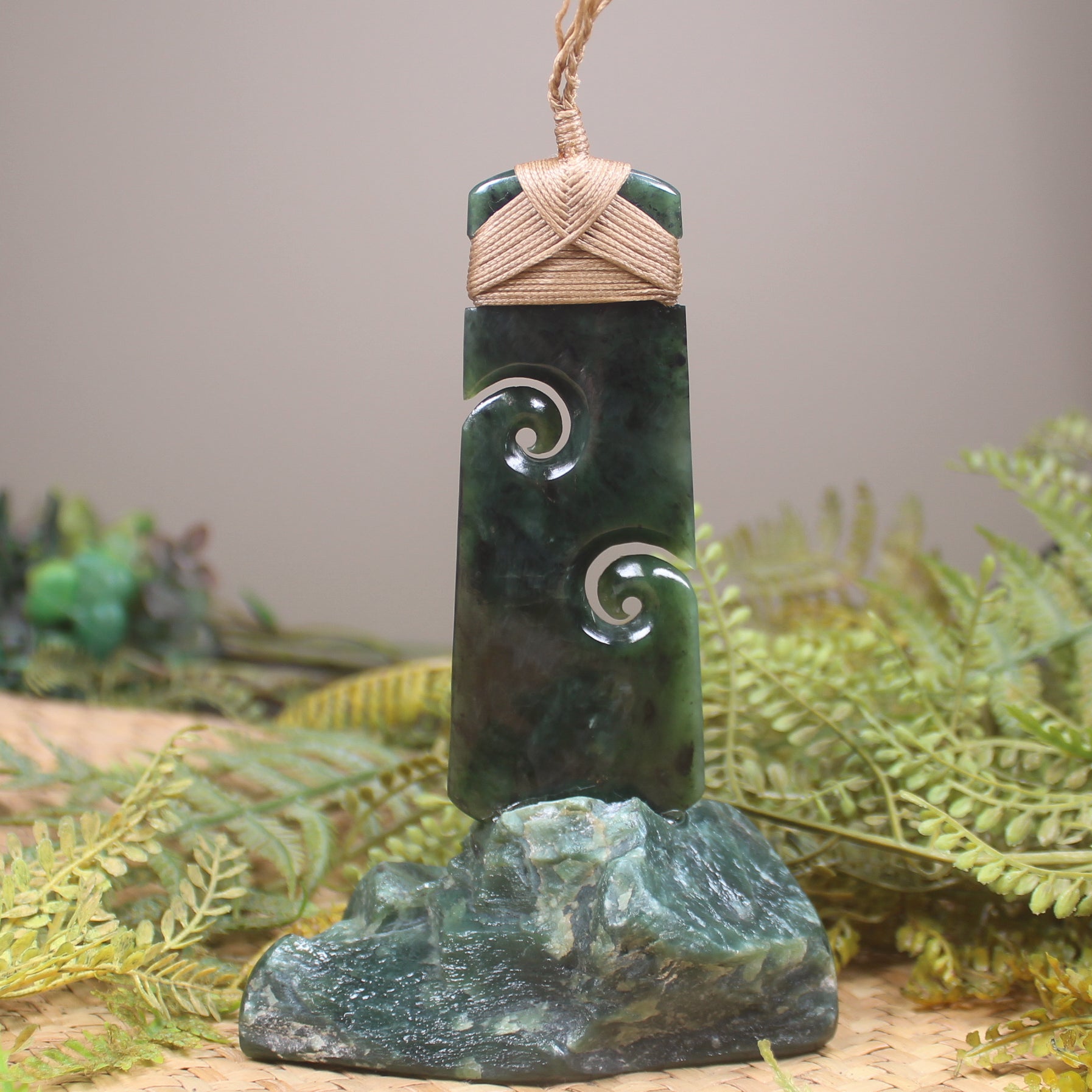 Toki with Koru sculpture carved from Rimu Pounamu - NZ Greenstone