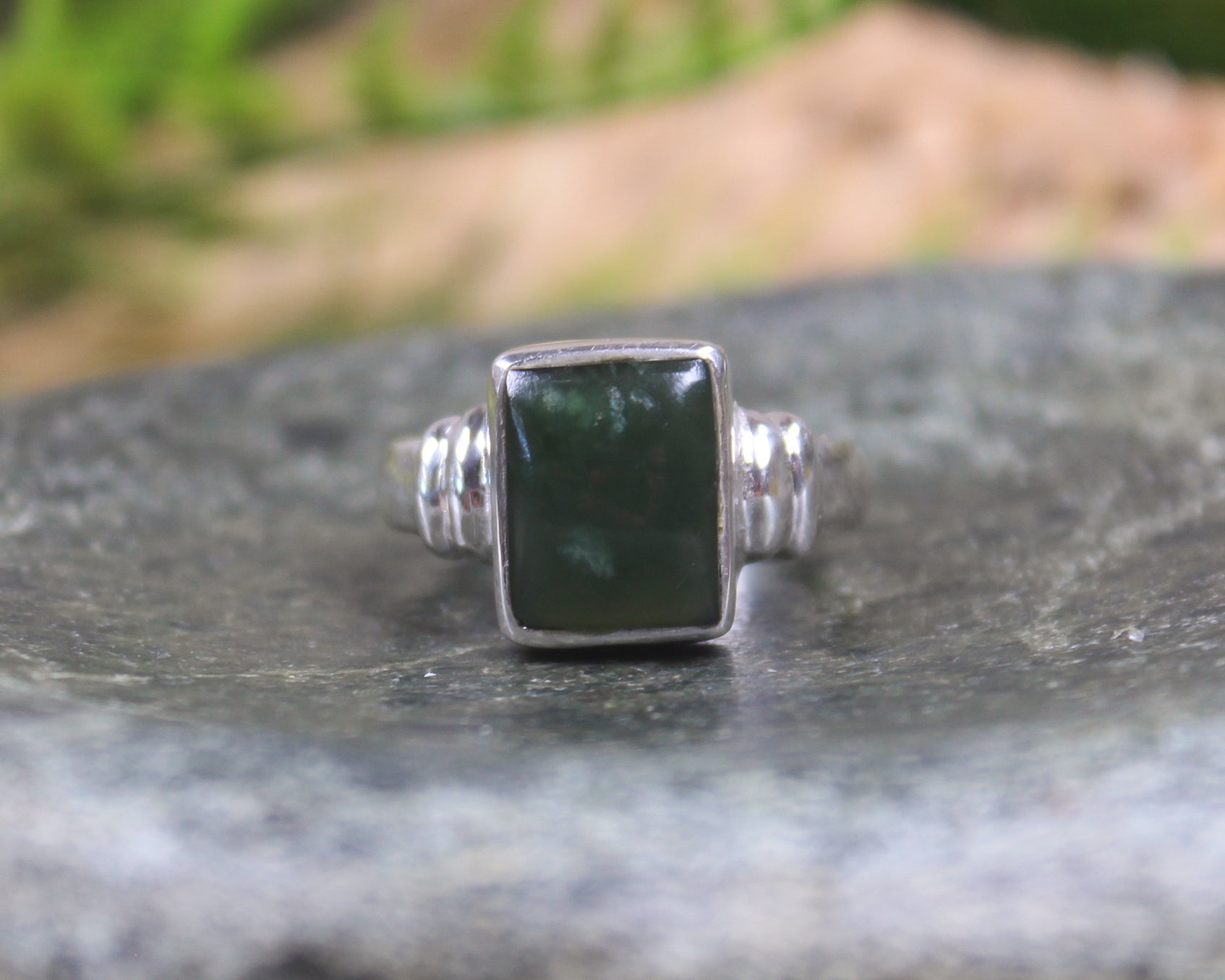 Sterling Silver Kawakawa Pounamu Ring - NZ Greenstone