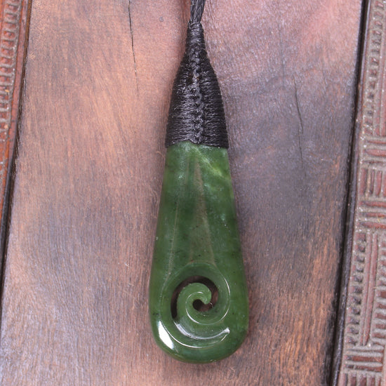 Roimata or Teardop with Koru carved from Kawakawa Pounamu - NZ Greenstone