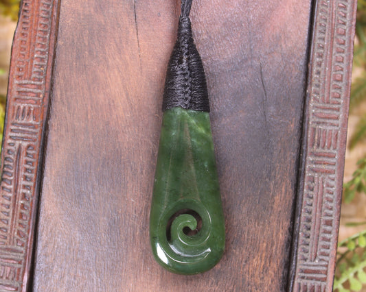Roimata or Teardop with Koru carved from Kawakawa Pounamu - NZ Greenstone