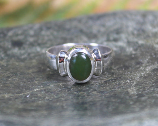 Sterling Silver Kawakawa Pounamu Ring - NZ Greenstone