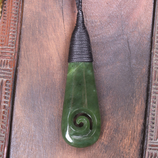 Roimata or Teardop with Koru carved from Kawakawa Pounamu - NZ Greenstone