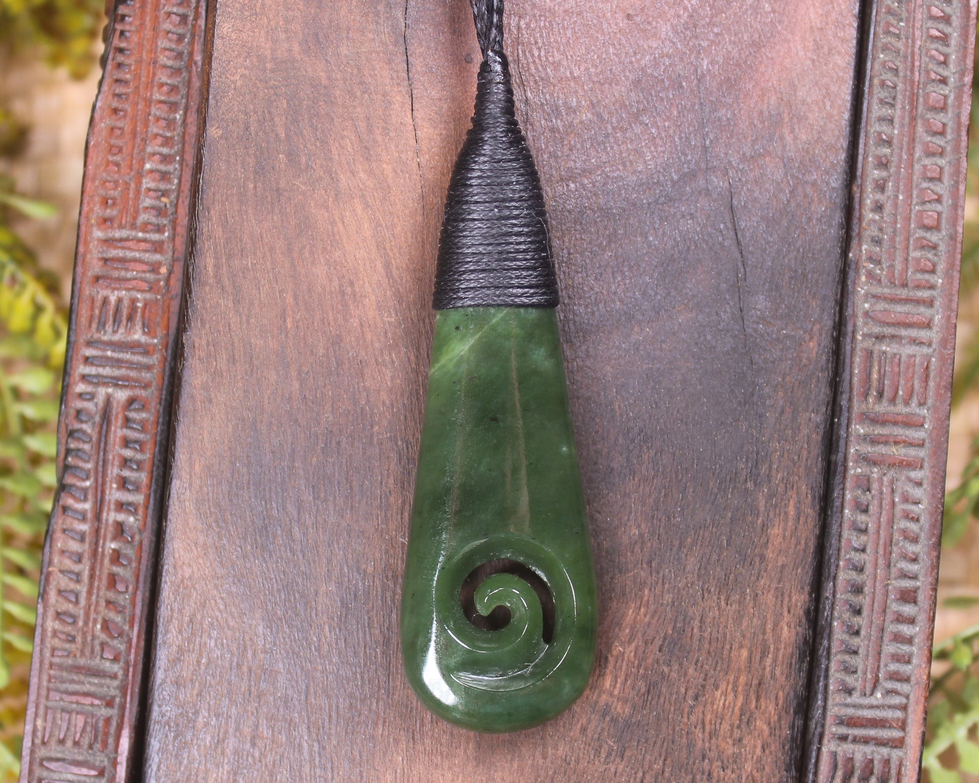 Roimata or Teardop with Koru carved from Kawakawa Pounamu - NZ Greenstone