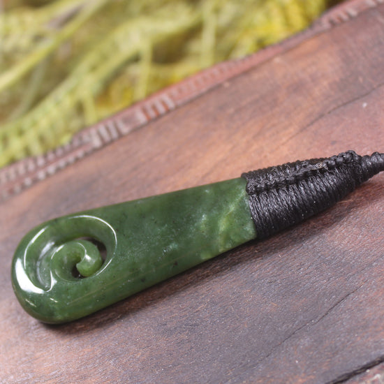 Roimata or Teardop with Koru carved from Kawakawa Pounamu - NZ Greenstone