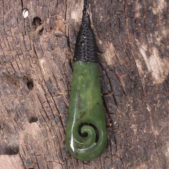 Roimata or Teardop with Koru carved from Kawakawa Pounamu - NZ Greenstone