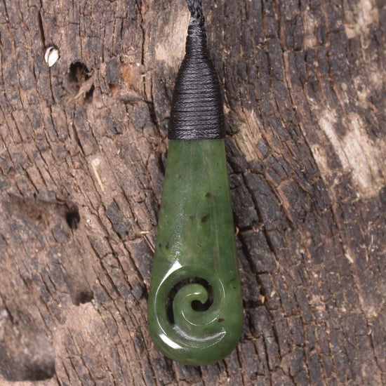 Roimata or Teardop with Koru carved from Kawakawa Pounamu - NZ Greenstone