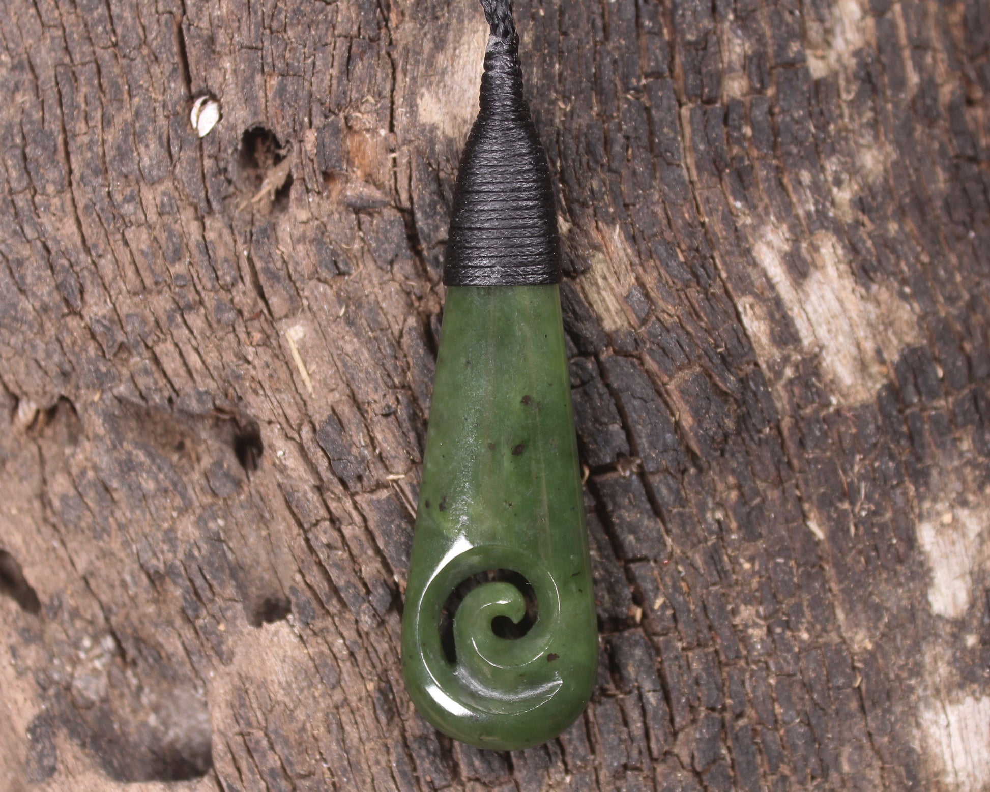 Roimata or Teardop with Koru carved from Kawakawa Pounamu - NZ Greenstone