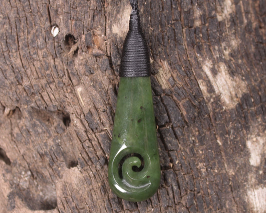 Roimata or Teardop with Koru carved from Kawakawa Pounamu - NZ Greenstone