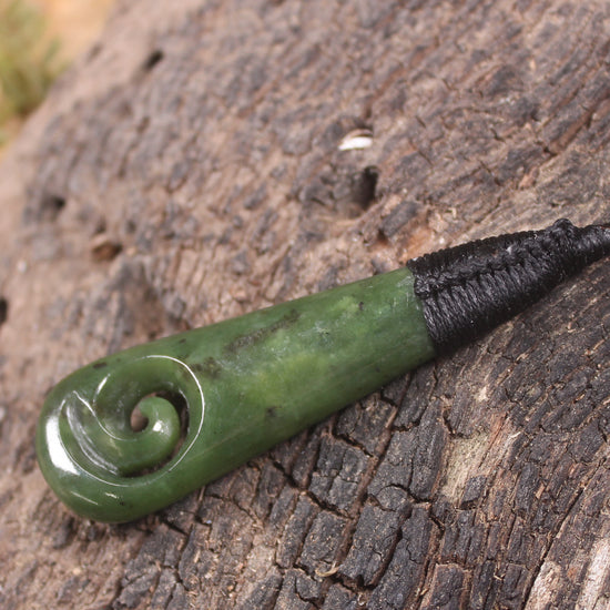 Roimata or Teardop with Koru carved from Kawakawa Pounamu - NZ Greenstone