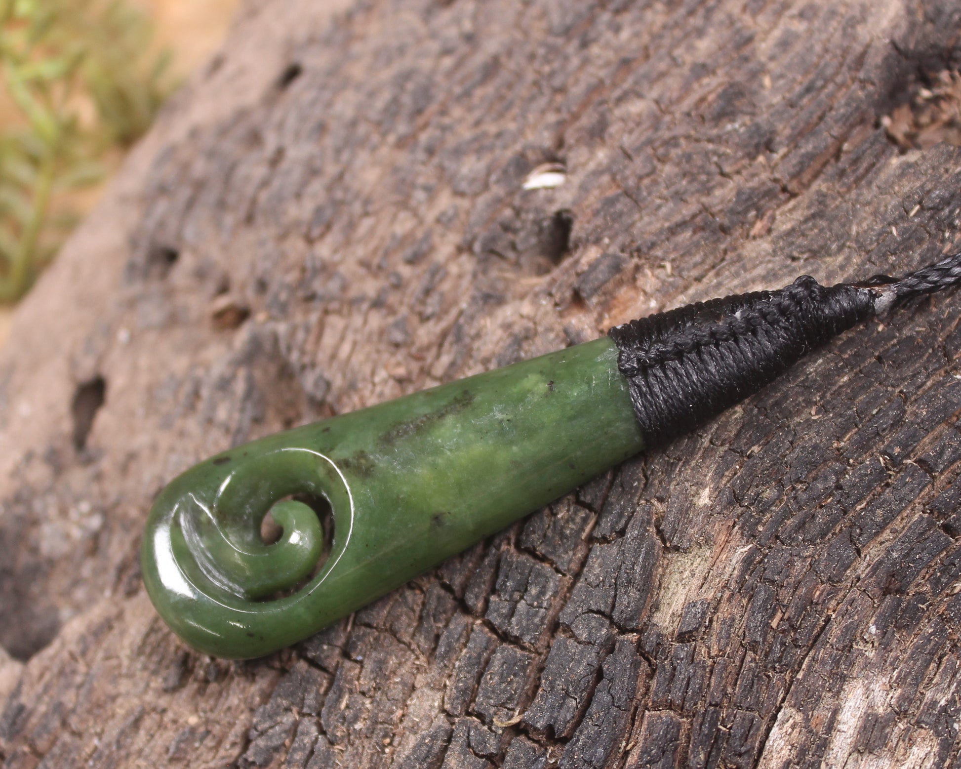 Roimata or Teardop with Koru carved from Kawakawa Pounamu - NZ Greenstone